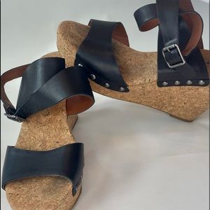 Lucky Brand women’s cork wedge sandals black  leather ankle wrap Studded Sz 8.5